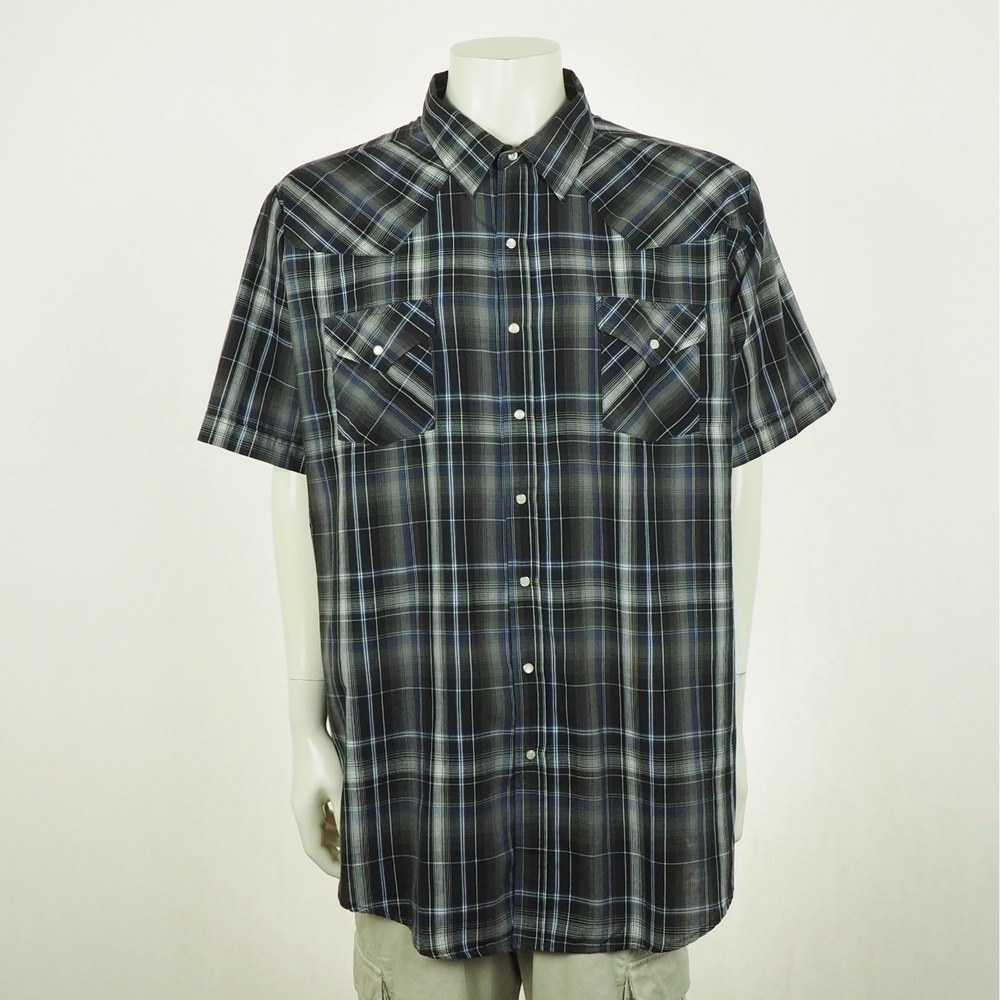 Ely Cattleman Pearl Snap Western Shirt Mens 2XLT Black Plaid Cotton Blend Cowboy